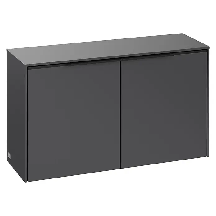 Villeroy & Boch Subway 3.0 Seitenschrank - B x T x H: 72,8 x 25,6 x 42,3 cm, Graphite, DIN Anschlag: Links/Rechts, Farbe Griff: Volcano Black - Dunkelgrauer Schrank mit zwei Türen und integrierten horizontalen Griffen.
