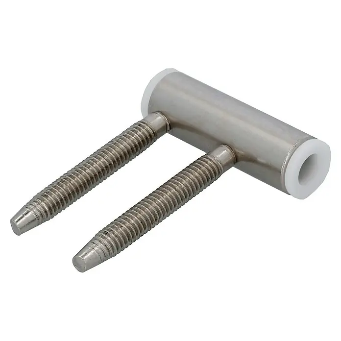 Häfele Einbohrband - Durchmesser Rollen: 15 mm, Vernickelt, Geeignet für: Zimmertüren - Detailaufnahme eines Stahl-T-Stücks mit zwei Gewindebolzen und weißen Kunststoffringen, das die robuste Bauweise und präzise Fertigung zeigt.