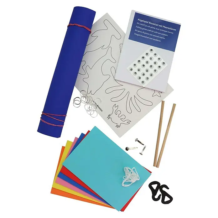 Glorex Bastel-Set Angelspiel - Blau/Bunt - Bastelset für ein Angelspiel mit Meerestieren, inklusive Zubehör wie Papier, Augen, Angeln und Ringen.
