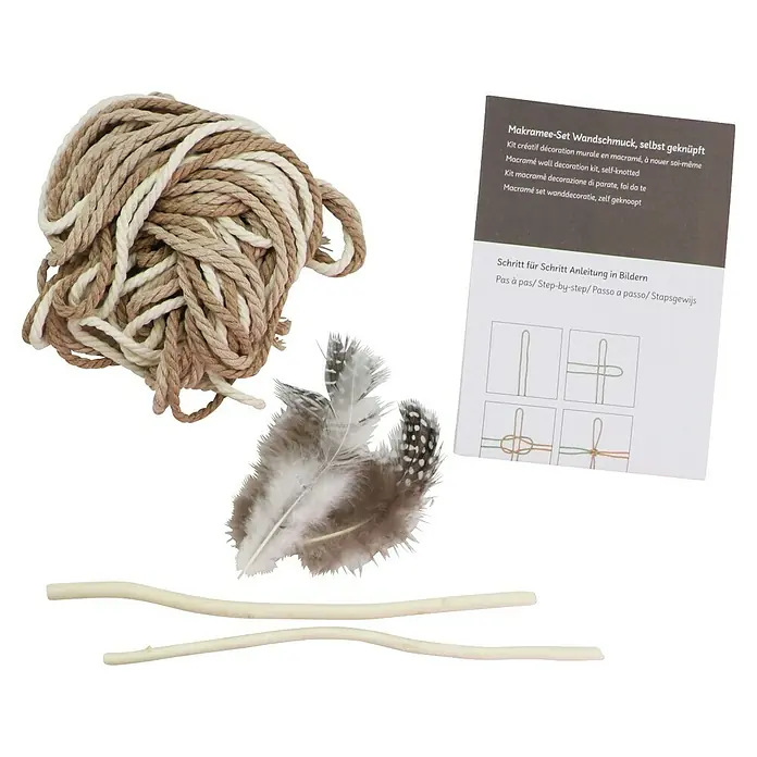 Glorex Bastel-Set Makramee Wandschmuck - Beige/Braun - Makramee-Set für Wanddeko zum selber knüpfen mit Anleitung, Garn, Federn und Holzstäben für DIY-Wandbehänge.