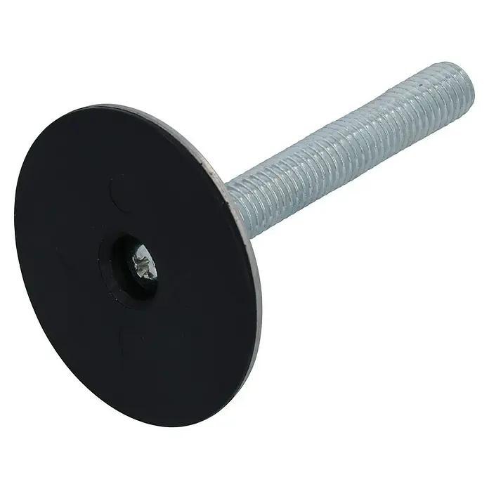 Häfele Regulierschrauben - Ø x L: 50 x 60 mm, M 10 - Detailaufnahme einer Stockschraube mit schwarzem Flansch. Die Stockschraube besteht aus verzinktem Stahl und besitzt ein metrisches Gewinde.