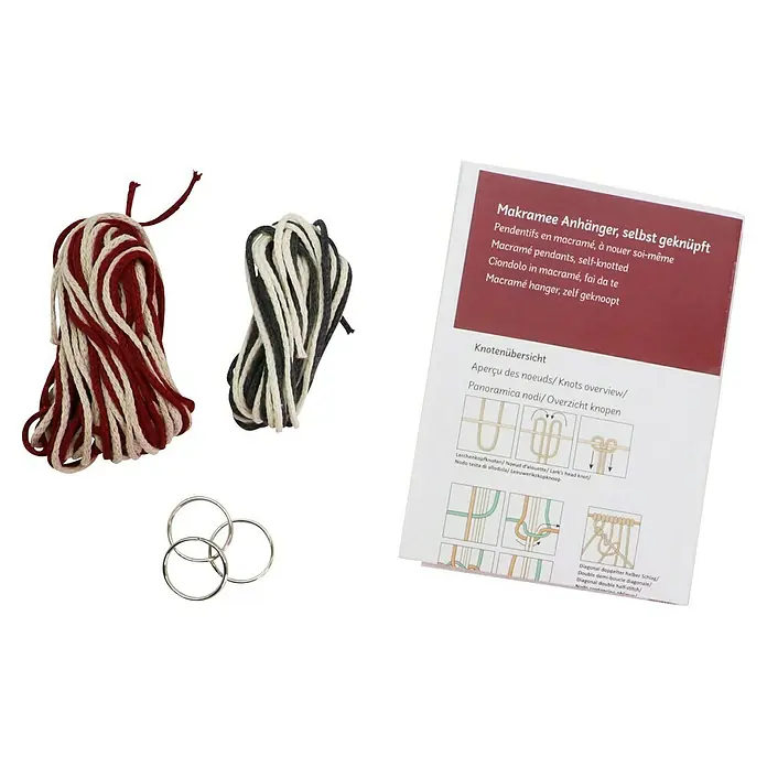 Glorex Bastel-Set Makramee Anhänger im Boho-Style - 3 Stk. - Makramee-Set mit Garn in Rot-Weiß und Schwarz-Weiß, Ringen und Anleitung für Makramee-Anhänger.