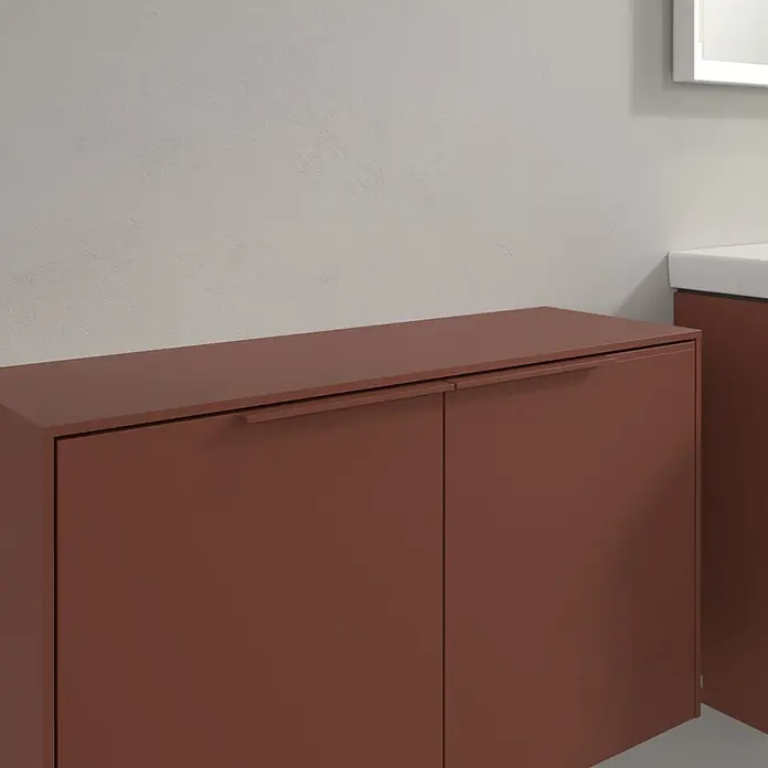 Villeroy & Boch Subway 3.0 Seitenschrank - B x T x H: 72,8 x 25,6 x 42,3 cm, Wine Red, DIN Anschlag: Links/Rechts, Farbe Griff: Monochrom - Terracottafarbener Badunterschrank mit zwei Türen und integrierten Griffen.
