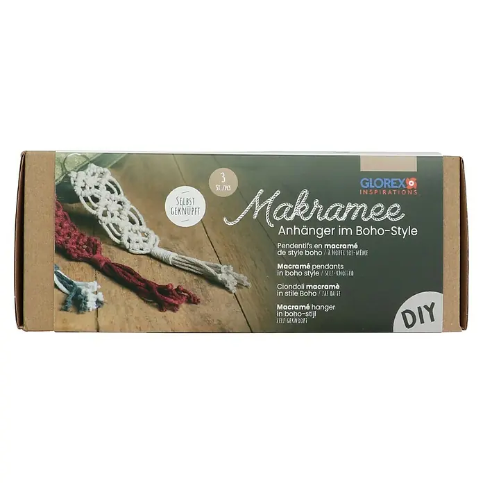 Glorex Bastel-Set Makramee Anhänger im Boho-Style - 3 Stk. - DIY-Set für Makramee-Anhänger im Boho-Stil von Glorex Inspirations. Ideal für kreative Projekte und handgefertigte Dekorationen.