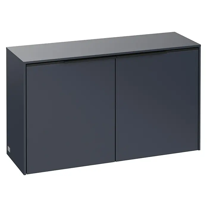 Villeroy & Boch Subway 3.0 Seitenschrank - B x T x H: 72,8 x 25,6 x 42,3 cm, Marine Blue, DIN Anschlag: Links/Rechts, Farbe Griff: Volcano Black - Dunkelgrauer zweitüriger Wandschrank mit integrierten Griffen und hellgrauer Oberplatte.