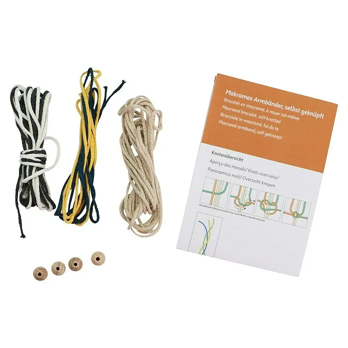 Glorex Bastel-Set Makramee Armbänder - Für 3 Makramee Armbänder - Makramee-Armband-Set mit Garn in verschiedenen Farben und einer Anleitung für DIY-Schmuckprojekte.