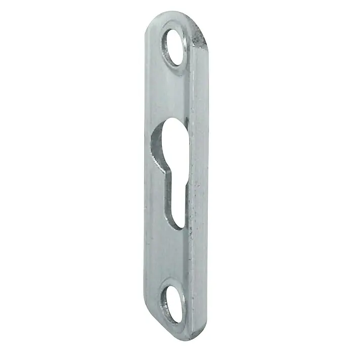 Stabilit Ojal de suspensión - An x Al: 16 x 43 mm, Acero - Primer plano de una bocallave plateada para una puerta, que muestra un diseño clásico y funcional.