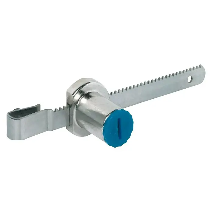 Suki Cerradura de puerta corredera de cristal - Largo: 125 mm, Apto para: Espesor del vidrio 4 - 7 mm - Una cerradura de armario plateada con un inserto azul, utilizada para cerrar armarios de forma segura.