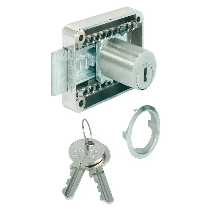 Suki Cerrojo con bloqueo - Diámetro cilindro: 22 mm, L x An x Al: 45 x 59 x 10 mm - Una cerradura de mueble plateada con dos llaves y una roseta. Ideal para armarios y cajones, ofrece seguridad y comodidad.