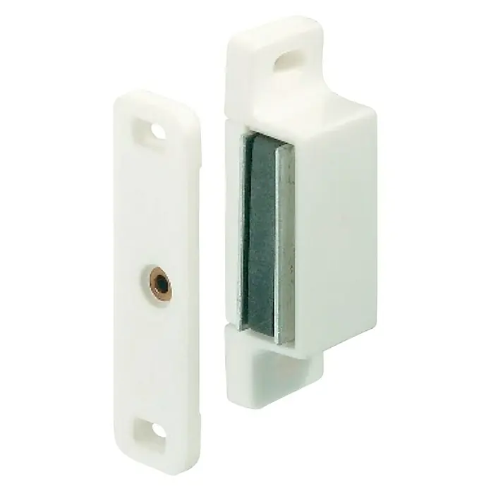 Stabilit Cierre magnético - Fuerza de adherencia: 4 kg, Blanco, 2 ud. - Primer plano de un cierre magnético blanco para puertas de armarios, que consta de dos partes.