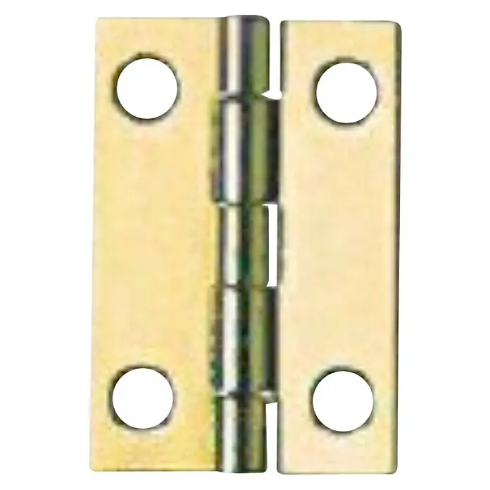Suki Bisagra - L x An: 38 x 25 mm, Latón - Primer plano de una bisagra dorada con cuatro agujeros para una fijación segura a una puerta o mueble.