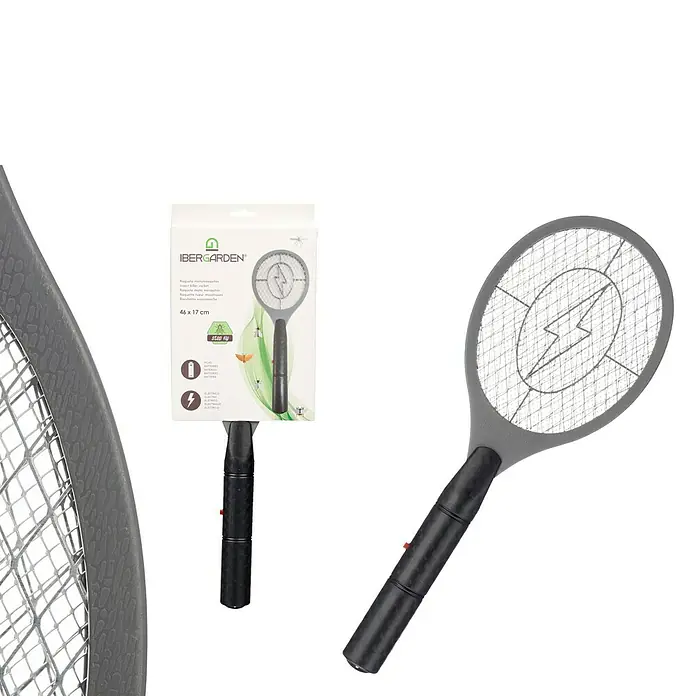 Matainsectos eléctrico raqueta - Funciona con pilas - Un primer plano de un matamoscas eléctrico Ibergarden, una solución eficaz para el control de insectos en su hogar.