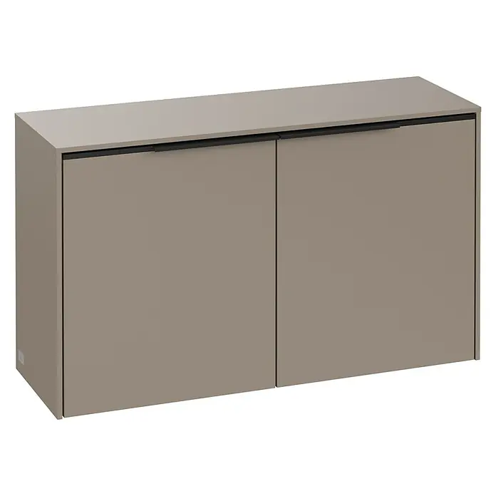 Villeroy & Boch Subway 3.0 Seitenschrank - B x T x H: 72,8 x 25,6 x 42,3 cm, Taupe, DIN Anschlag: Links/Rechts, Farbe Griff: Volcano Black - Gedämpft beiger zweitüriger Schrank mit integrierten dunklen Griffen.