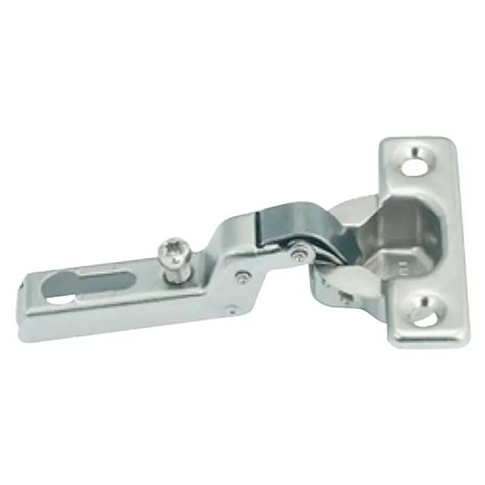 Suki Bisagra de cazoleta - Tope medio, Ángulo de apertura: 92 ° - Un primer plano de una bisagra metálica para muebles. La bisagra es de color plata y tiene un acabado brillante para la construcción de armarios.