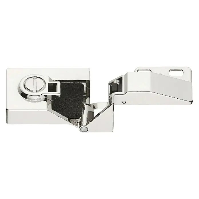 Stabilit Herraje para puerta de vidrio - Niquelado - Imagen de una bisagra para muebles de metal, brillante y ajustable, perfecta para proyectos de armarios modernos.