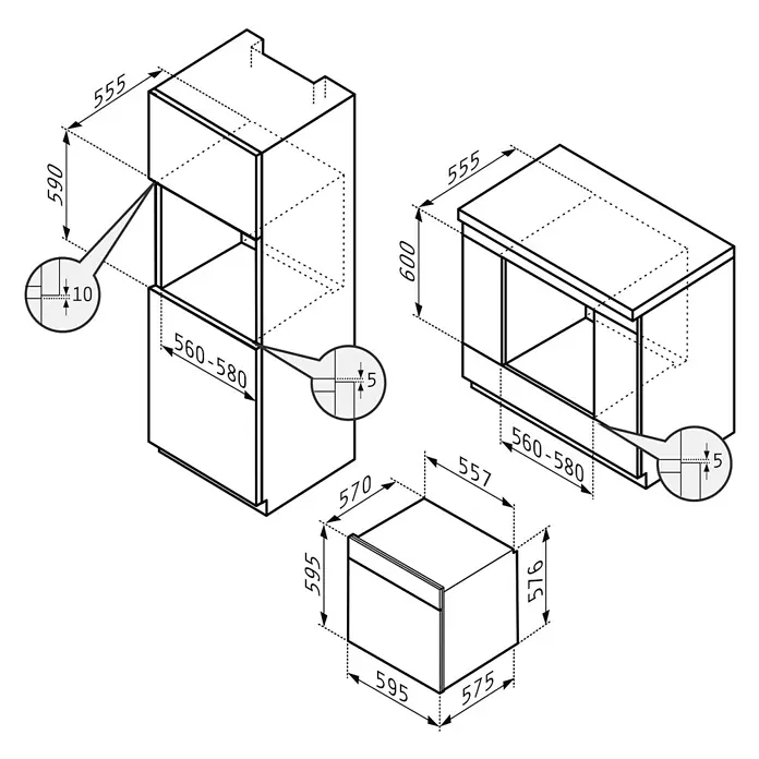 Pyramis Einbaubackofen PO78094010EBLM - Anzahl Beheizungsarten: 6 Stk., Volumen Backofen: 78 l - Maßzeichnungen für Einbauküchengeräte und ihre Gehäuse, mit verschiedenen Abmessungen und Abständen.