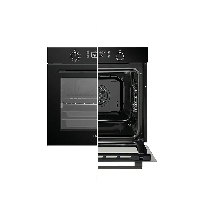 Pyramis Einbaubackofen PO78082009SBI -  - Schwarzer Backofen mit Bedienfeld und Digitalanzeige, mit geschlossener und geöffneter Tür, die den Innenraum zeigt.