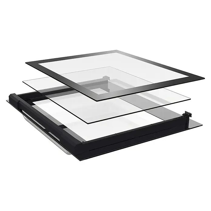 Pyramis Einbaubackofen PO78094010EBLM - Anzahl Beheizungsarten: 6 Stk., Volumen Backofen: 78 l - Exploded Ansicht eines Flachbettscanners oder Displays, mit mehreren klaren Glasschichten und schwarzen Rahmenkomponenten.