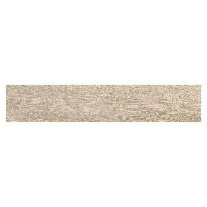 Pavimento porcelánico Origin - 20 x 120 cm, Natural, Mate, Rectificado - Primer plano de una tabla de suelo laminado de color claro. La superficie presenta vetas de madera detalladas y coloración natural.