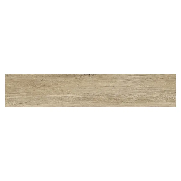 Pavimento porcelánico Elemental - 23 x 120 cm, Natur, Mate - Detalle de una tabla de madera marrón claro con vetas visibles, ideal para muebles o suelos.