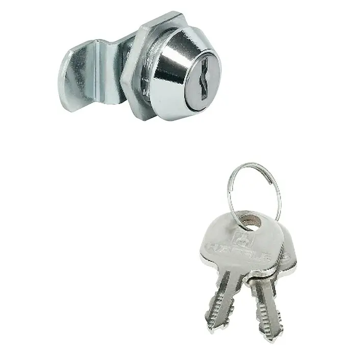 Suki Bombín universal - Zinc fundido, 1 ud. - En la imagen se muestra una cerradura de armario con dos llaves. La cerradura es de metal brillante.