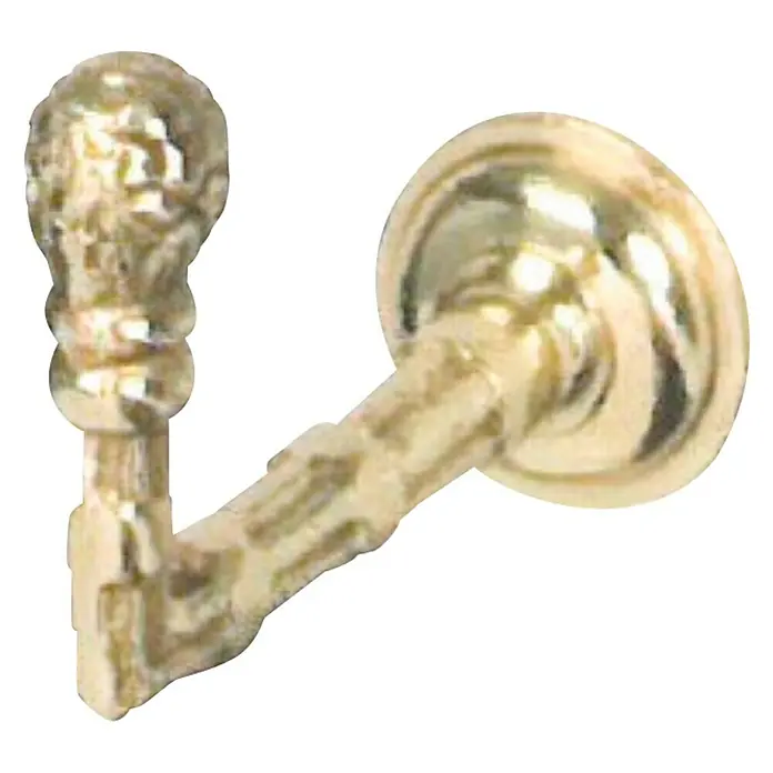 Häfele Gancho para colgar - Altura: 50 mm, Latón pulido - Primer plano de un elegante gancho de pared dorado con una punta ornamentada y una base redonda para un montaje seguro en la pared.
