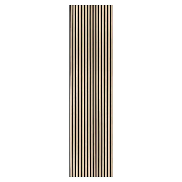 Panel acústico decorativo - 244 x 60,5 x 2,2 cm, Roble claro - Panel de madera con listones verticales en madera clara y espacios negros.