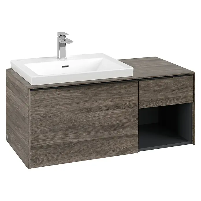 Villeroy & Boch Subway 3.0 Waschbeckenunterschrank - Stone Oak, Anzahl Schubladen: 2 Stk., Farbe Griff: Volcano Black, B x T x H: 100,1 x 51,6 x 42,3 cm, Offenes Fach rechts - Grauer Waschtischunterschrank in Holzoptik mit weißem Keramikwaschbecken und Chromarmatur, mit Schubladen und offenem Fach.