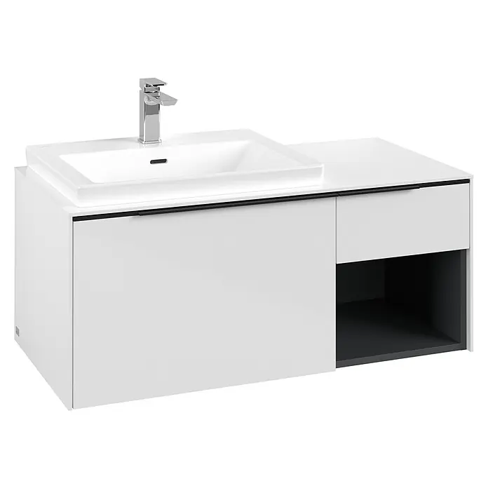 Villeroy & Boch Subway 3.0 Waschbeckenunterschrank - Brilliant White, Anzahl Schubladen: 2 Stk., Farbe Griff: Volcano Black, B x T x H: 100,1 x 51,6 x 42,3 cm, Offenes Fach rechts - Modernes weißes Badmöbel mit integriertem Keramikwaschbecken, Chromarmatur, dunklen Akzenten, Schublade und offenem Fach.