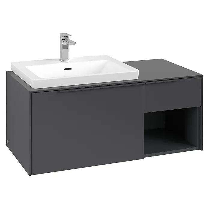 Villeroy & Boch Subway 3.0 Waschbeckenunterschrank - Graphite, Anzahl Schubladen: 2 Stk., Farbe Griff: Monochrom, B x T x H: 100,1 x 51,6 x 42,3 cm, Offenes Fach rechts - Dunkelgrauer Badunterschrank mit integriertem weißem Waschbecken und Chromarmatur, mit Schublade und offenem Fach.