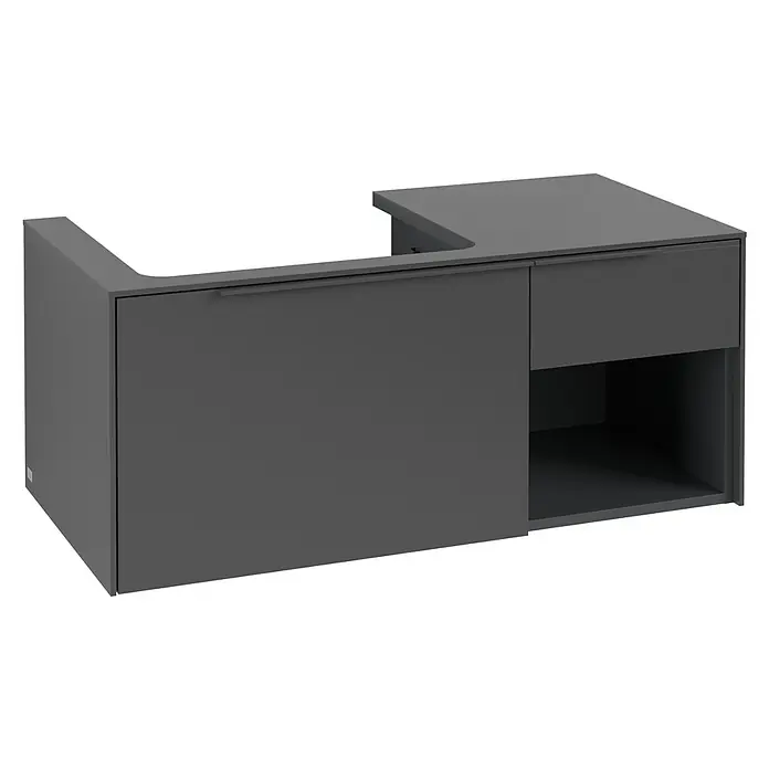 Villeroy & Boch Subway 3.0 Waschbeckenunterschrank - Graphite, Anzahl Schubladen: 2 Stk., Farbe Griff: Monochrom, B x T x H: 100,1 x 51,6 x 42,3 cm, Offenes Fach rechts - Dunkelgrauer L-förmiger Badezimmerschrank mit großem Stauraum, einer Schublade und einem offenen Fach.