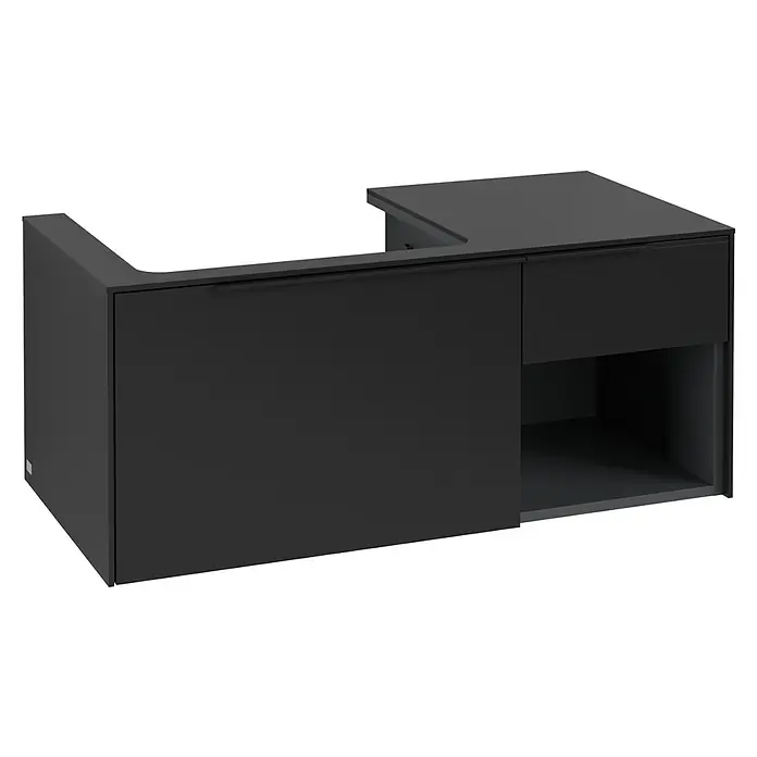 Villeroy & Boch Subway 3.0 Waschbeckenunterschrank - Volcano Black, Anzahl Schubladen: 2 Stk., Farbe Griff: Volcano Black, B x T x H: 100,1 x 51,6 x 42,3 cm, Offenes Fach rechts - Schwarzer L-förmiger Badunterschrank mit Schublade und offenem Fach.