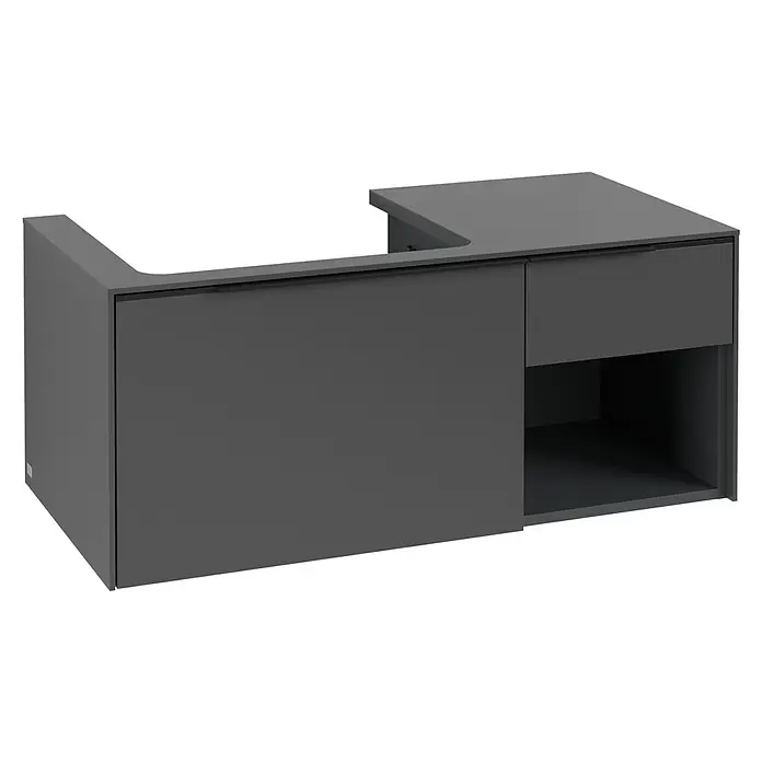 Villeroy & Boch Subway 3.0 Waschbeckenunterschrank - Graphite, Anzahl Schubladen: 2 Stk., Farbe Griff: Volcano Black, B x T x H: 100,1 x 51,6 x 42,3 cm, Offenes Fach rechts - Dunkelgrauer wandmontierter Badunterschrank mit U-förmiger Platte, großer Schublade, kleiner Schublade und offenem Fach.