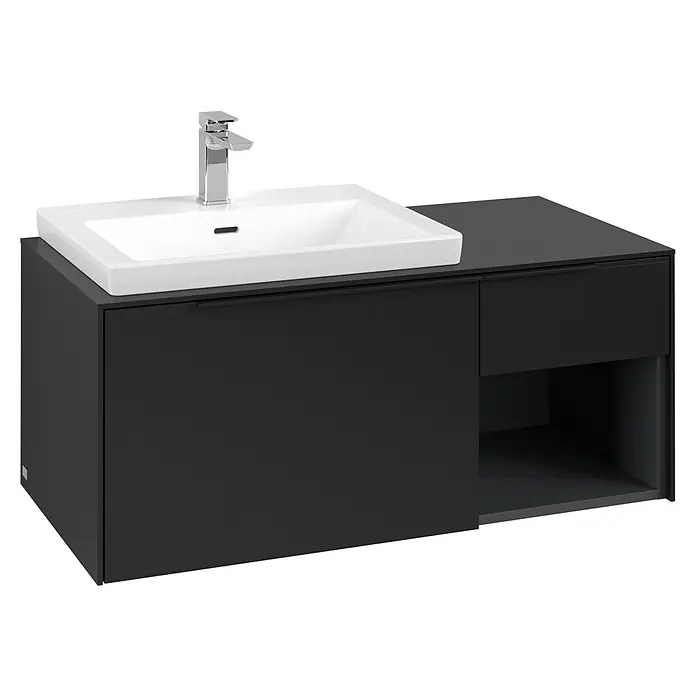 Villeroy & Boch Subway 3.0 Waschbeckenunterschrank - Volcano Black, Anzahl Schubladen: 2 Stk., Farbe Griff: Volcano Black, B x T x H: 100,1 x 51,6 x 42,3 cm, Offenes Fach rechts - Schwarzer Badunterschrank mit weißem Waschbecken und Chromarmatur.