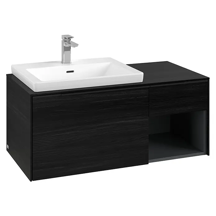Villeroy & Boch Subway 3.0 Waschbeckenunterschrank - Black Oak, Anzahl Schubladen: 2 Stk., Farbe Griff: Volcano Black, B x T x H: 100,1 x 51,6 x 42,3 cm, Mit Beleuchtung, Offenes Fach rechts - Moderner Waschtischunterschrank aus schwarzem Holz mit integriertem weißen Keramikwaschbecken und Chromarmatur.