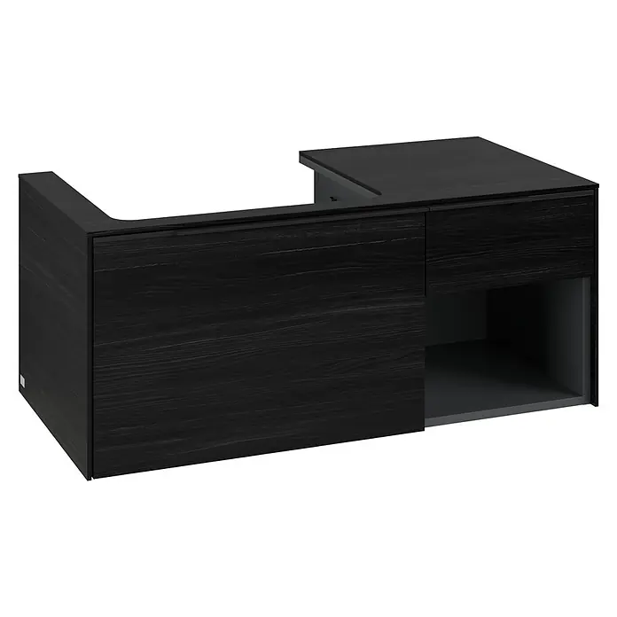 Villeroy & Boch Subway 3.0 Waschbeckenunterschrank - Black Oak, Anzahl Schubladen: 2 Stk., Farbe Griff: Volcano Black, B x T x H: 100,1 x 51,6 x 42,3 cm, Mit Beleuchtung, Offenes Fach rechts - Dunkelgrauer Waschtischunterschrank in Holzoptik mit L-förmiger Platte und Stauraum.