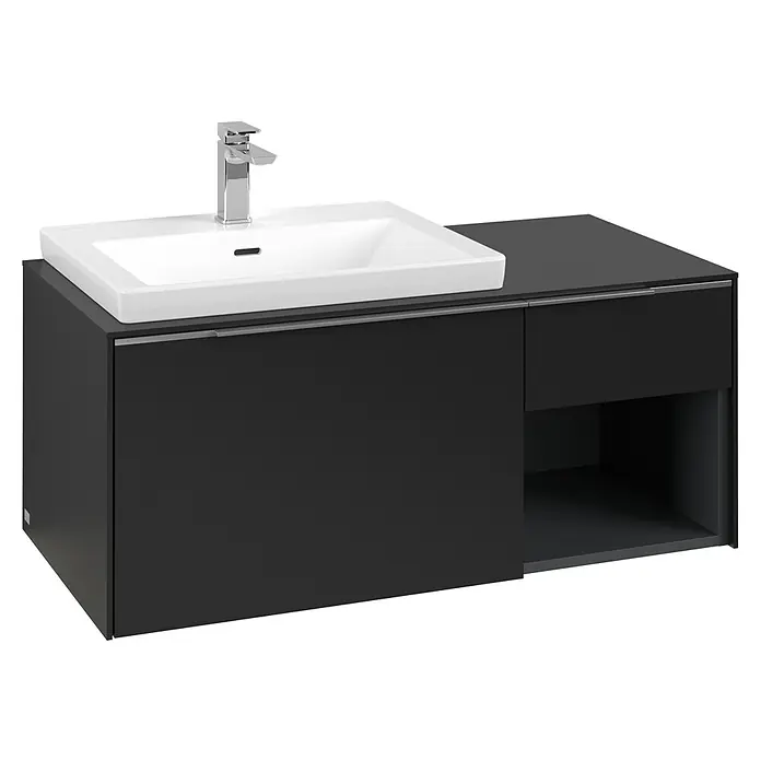 Villeroy & Boch Subway 3.0 Waschbeckenunterschrank - Volcano Black, Anzahl Schubladen: 2 Stk., Farbe Griff: Aluminium glänzend, B x T x H: 100,1 x 51,6 x 42,3 cm, Mit Beleuchtung, Offenes Fach rechts - Dunkelgrauer Badunterschrank mit weißem Waschbecken, Chromarmatur, zwei Fächern und offenem Regal.