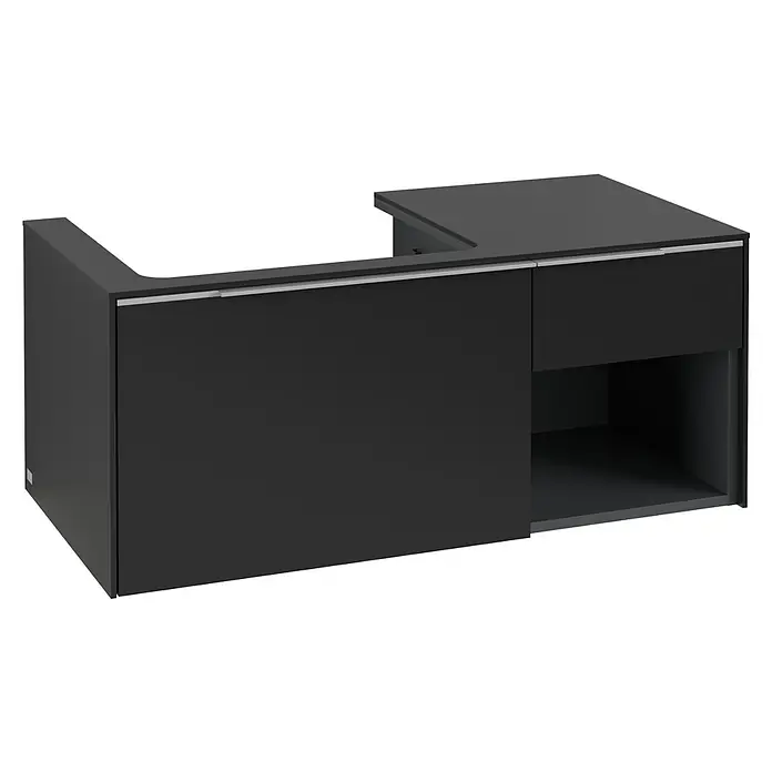 Villeroy & Boch Subway 3.0 Waschbeckenunterschrank - Volcano Black, Anzahl Schubladen: 2 Stk., Farbe Griff: Aluminium glänzend, B x T x H: 100,1 x 51,6 x 42,3 cm, Mit Beleuchtung, Offenes Fach rechts - Matte anthrazitfarbene L-förmige Badmöbel mit einer Schublade und offenem Stauraum.