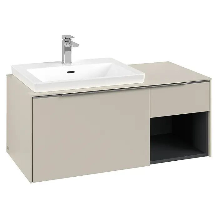 Villeroy & Boch Subway 3.0 Waschbeckenunterschrank - Cashmere Grey, Anzahl Schubladen: 2 Stk., Farbe Griff: Aluminium glänzend, B x T x H: 100,1 x 51,6 x 42,3 cm, Mit Beleuchtung, Offenes Fach rechts - Beige Badmöbel mit weißem Waschbecken, Chromarmatur und integriertem Stauraum.