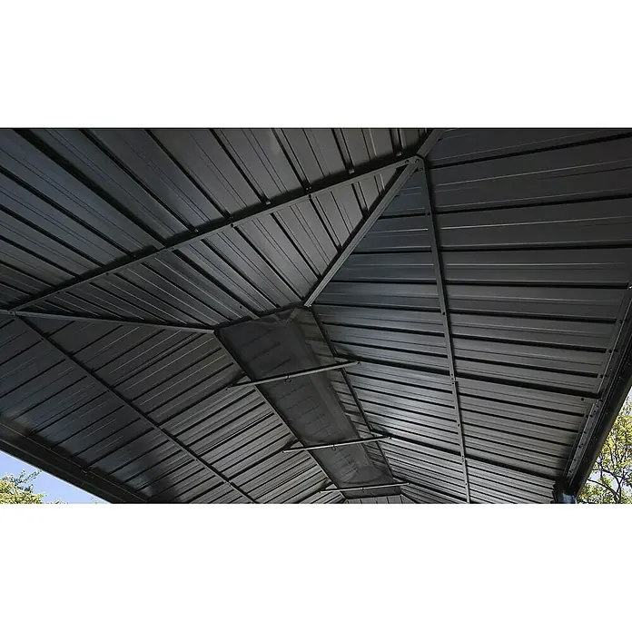 Sojag Standard-Pavillon Messina 12 x 20 - B x T: 598 x 363 cm, Farbe Gestell: Anthrazit, Aluminium - Detailaufnahme der Dachkonstruktion eines Pavillons, die ein robustes Design mit schützenden Elementen zeigt.