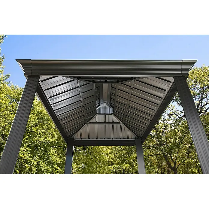 Sojag Grillpavillon Messina BBQ - B x T: 292 x 179 cm, Farbe Gestell: Anthrazit, Aluminium - Detailaufnahme des robusten Pavillondachs mit eleganter grauer Oberfläche und stabilen Stützpfeilern.