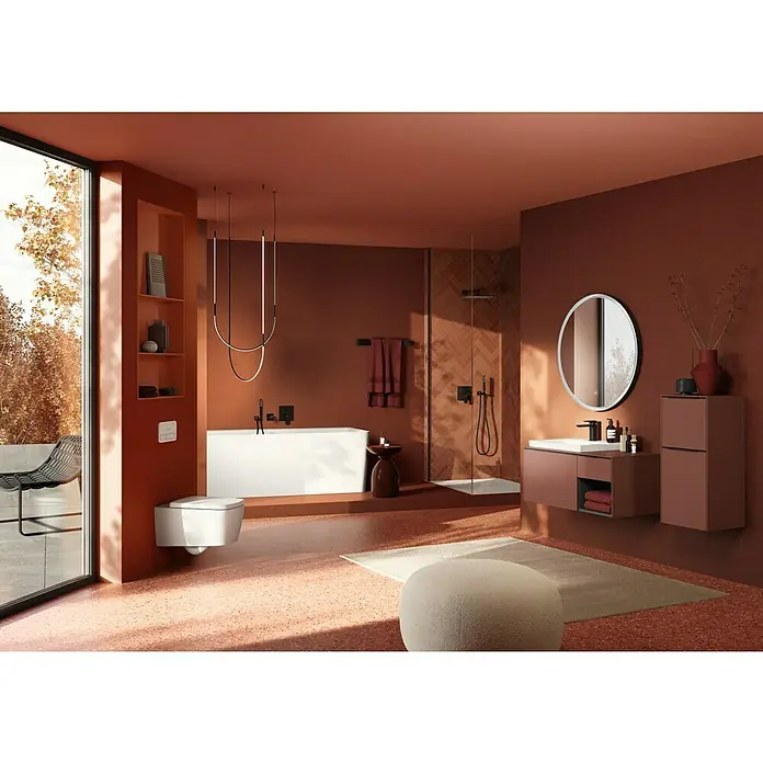 Villeroy & Boch Subway 3.0 Seitenschrank - B x T x H: 40 x 36,2 x 86 cm, Wine Red, DIN Anschlag: Rechts, Farbe Griff: Volcano Black - Badezimmer mit moderner Badewanne, Waschtisch mit Spiegel, hängendem WC und Dusche in erdigen Farbtönen für ein elegantes Ambiente.
