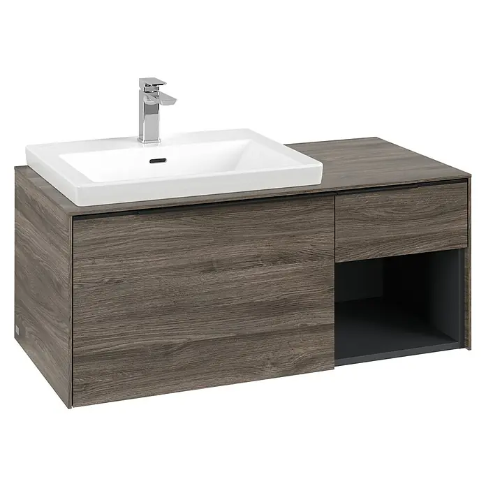 Villeroy & Boch Subway 3.0 Waschbeckenunterschrank - Stone Oak, Anzahl Schubladen: 2 Stk., Farbe Griff: Volcano Black, B x T x H: 100,1 x 51,6 x 42,3 cm, Mit Beleuchtung, Offenes Fach rechts - Moderner Waschtisch mit weißem Rechteck-Waschbecken, Chrom-Armatur und dunklem Holz-Unterschrank mit Schubladen und offenem Fach.