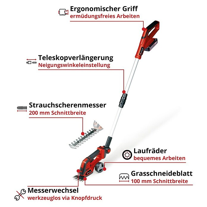 Einhell Power X-Change 18V Akku-Grasschere GE-CG 18/100LI (Akkuspannung: 18 V, Anzahl Akkus: 1 Akku, Schnittbreite: 100 mm, Max. Aststärke: 8 mm) | BAUHAUS