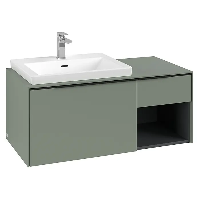 Villeroy & Boch Subway 3.0 Waschbeckenunterschrank - Soft Green, Anzahl Schubladen: 2 Stk., Farbe Griff: Volcano Black, B x T x H: 100,1 x 51,6 x 42,3 cm, Mit Beleuchtung, Offenes Fach rechts - Grüner Badunterschrank mit weißem Keramikwaschbecken, Chromarmatur und integriertem Stauraum.
