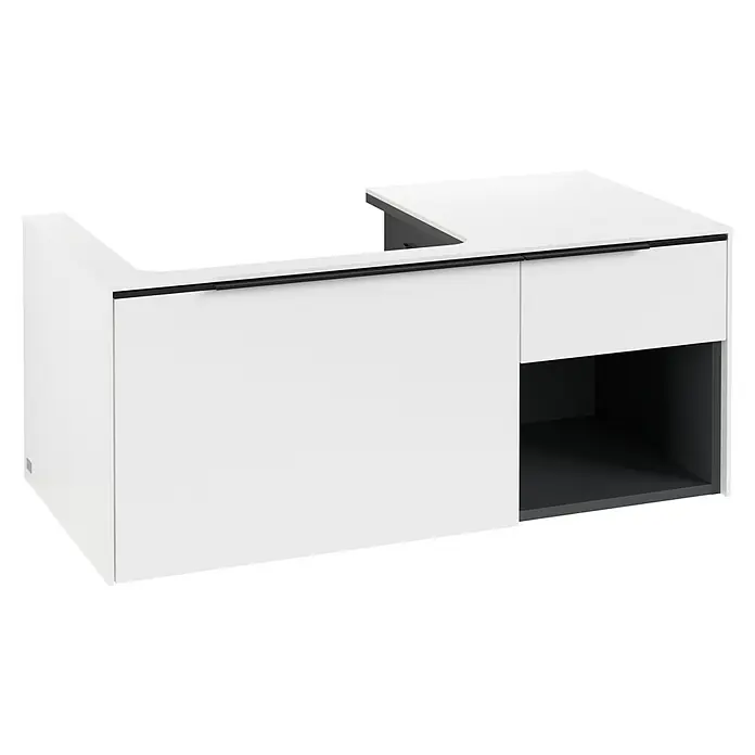 Villeroy & Boch Subway 3.0 Waschbeckenunterschrank - Pure White, Anzahl Schubladen: 2 Stk., Farbe Griff: Volcano Black, B x T x H: 100,1 x 51,6 x 42,3 cm, Mit Beleuchtung, Offenes Fach rechts - L-förmiger weißer Schrank mit schwarzen Griffen und offenem dunkelgrauem Ablagefach.
