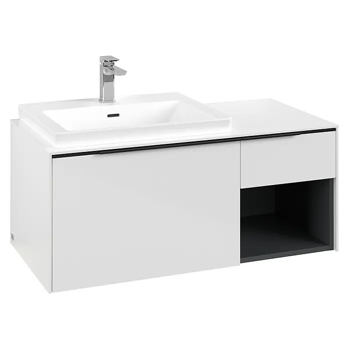 Villeroy & Boch Subway 3.0 Waschbeckenunterschrank - Brilliant White, Anzahl Schubladen: 2 Stk., Farbe Griff: Volcano Black, B x T x H: 100,1 x 51,6 x 42,3 cm, Mit Beleuchtung, Offenes Fach rechts - Weißer Badunterschrank mit integriertem Waschbecken, Chromarmatur, Schublade und dunklem offenen Regal.