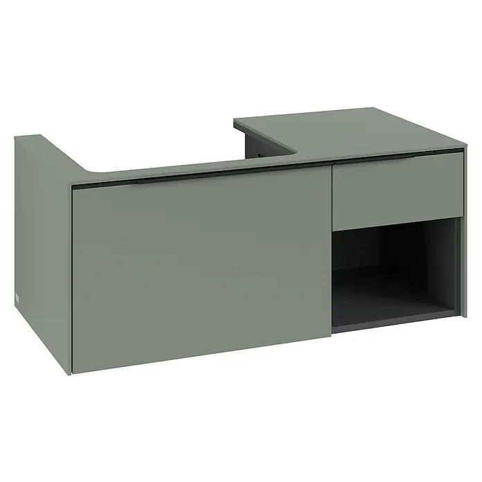 Villeroy & Boch Subway 3.0 Waschbeckenunterschrank - Soft Green, Anzahl Schubladen: 2 Stk., Farbe Griff: Volcano Black, B x T x H: 100,1 x 51,6 x 42,3 cm, Mit Beleuchtung, Offenes Fach rechts - Olivgrüner L-förmiger Waschtischunterschrank mit Spülbeckenausschnitt, einer Schublade und offenem Fach.