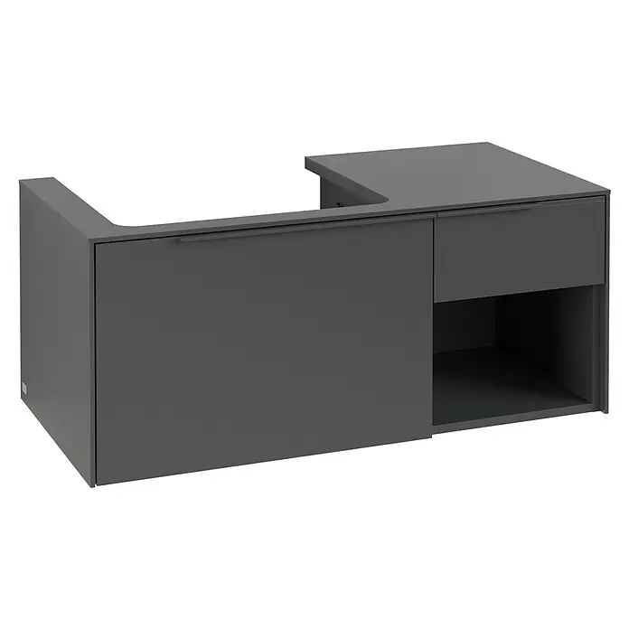 Villeroy & Boch Subway 3.0 Waschbeckenunterschrank - Graphite, Anzahl Schubladen: 2 Stk., Farbe Griff: Monochrom, B x T x H: 100,1 x 51,6 x 42,3 cm, Mit Beleuchtung, Offenes Fach rechts - Dunkelgrauer L-förmiger Waschtischunterschrank mit einer Schublade und offenem Regal.