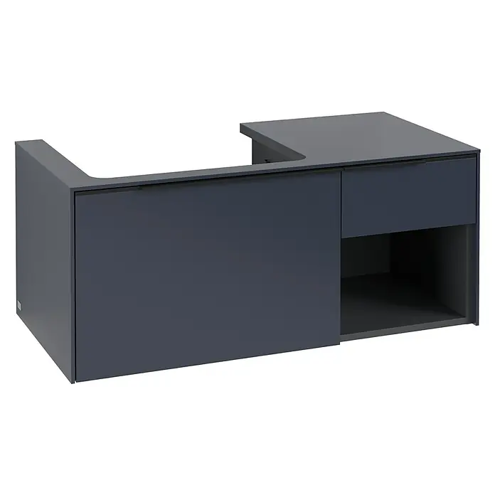 Villeroy & Boch Subway 3.0 Waschbeckenunterschrank - Marine Blue, Anzahl Schubladen: 2 Stk., Farbe Griff: Volcano Black, B x T x H: 100,1 x 51,6 x 42,3 cm, Mit Beleuchtung, Offenes Fach rechts - Matter dunkelgrauer L-förmiger Badunterschrank mit Waschtisch-Ausschnitt, großer Schublade und offenem Fach.
